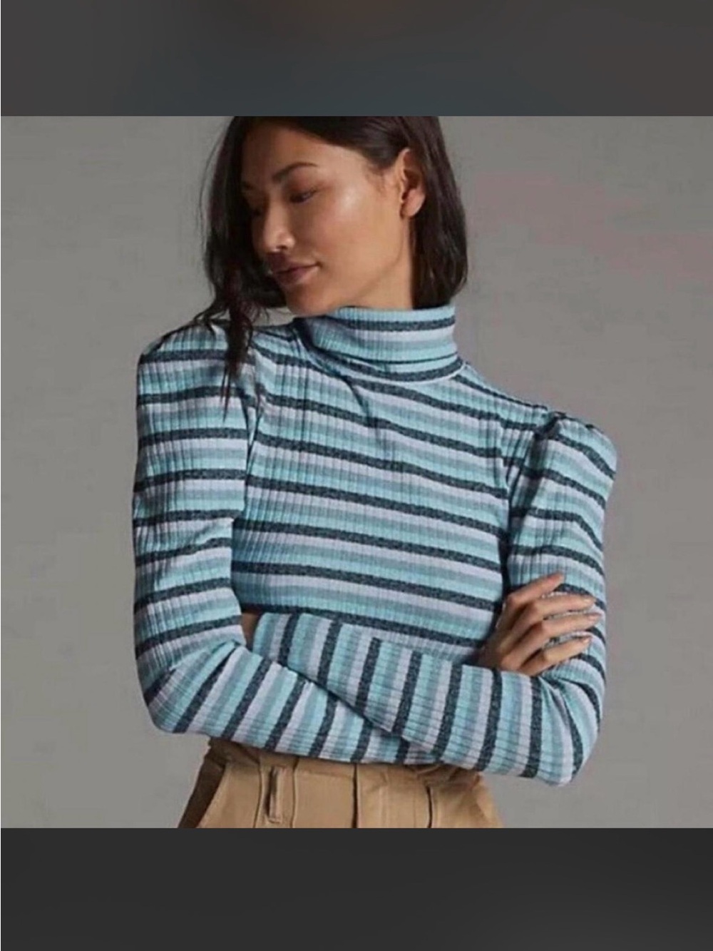 NWT Anthropologie Maeve Striped Blue Ribbed Turtleneck Sweater Puff Shoulders